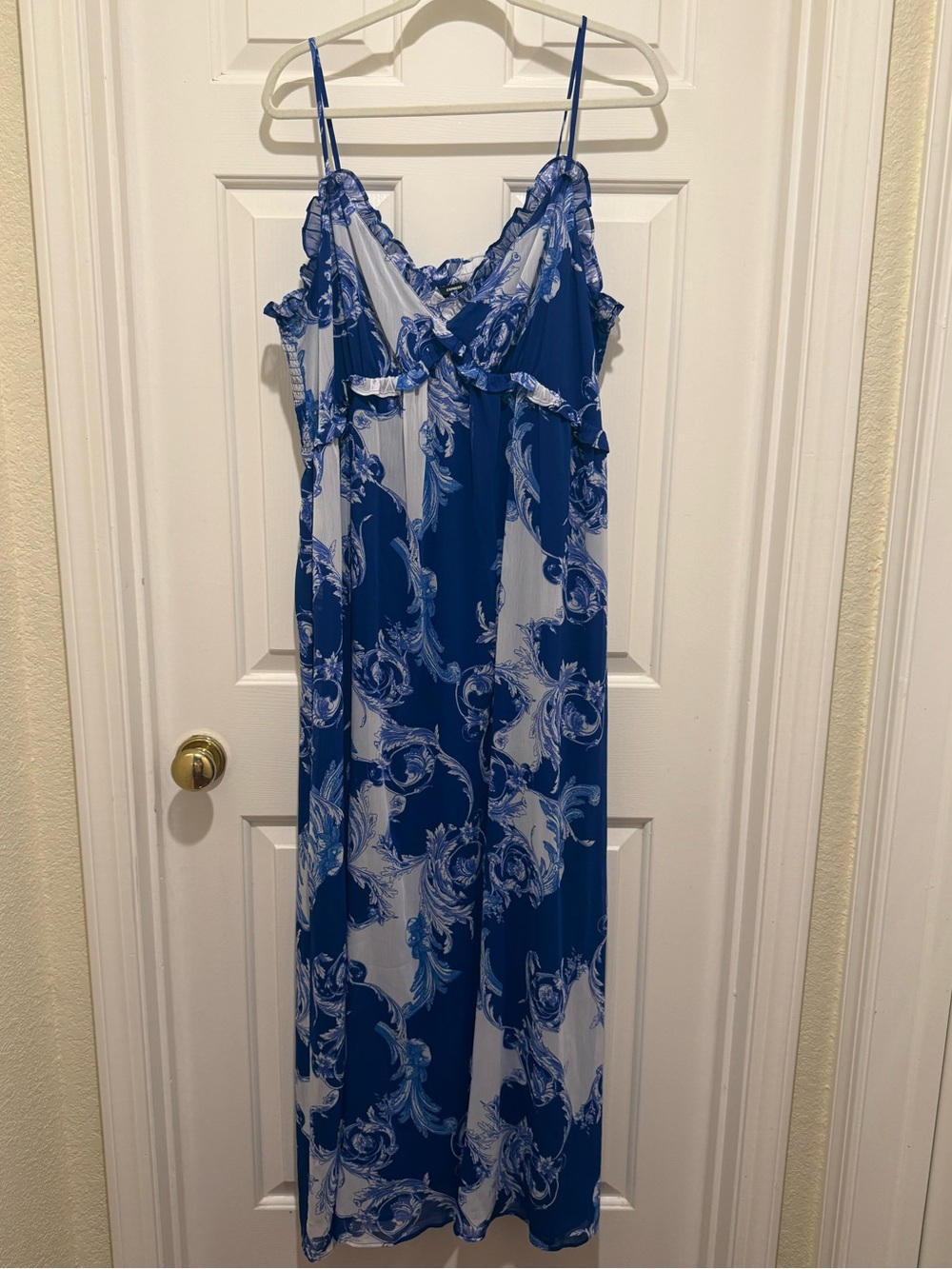 Express Blue and White Floral Slip Dress with Ruffle Trim